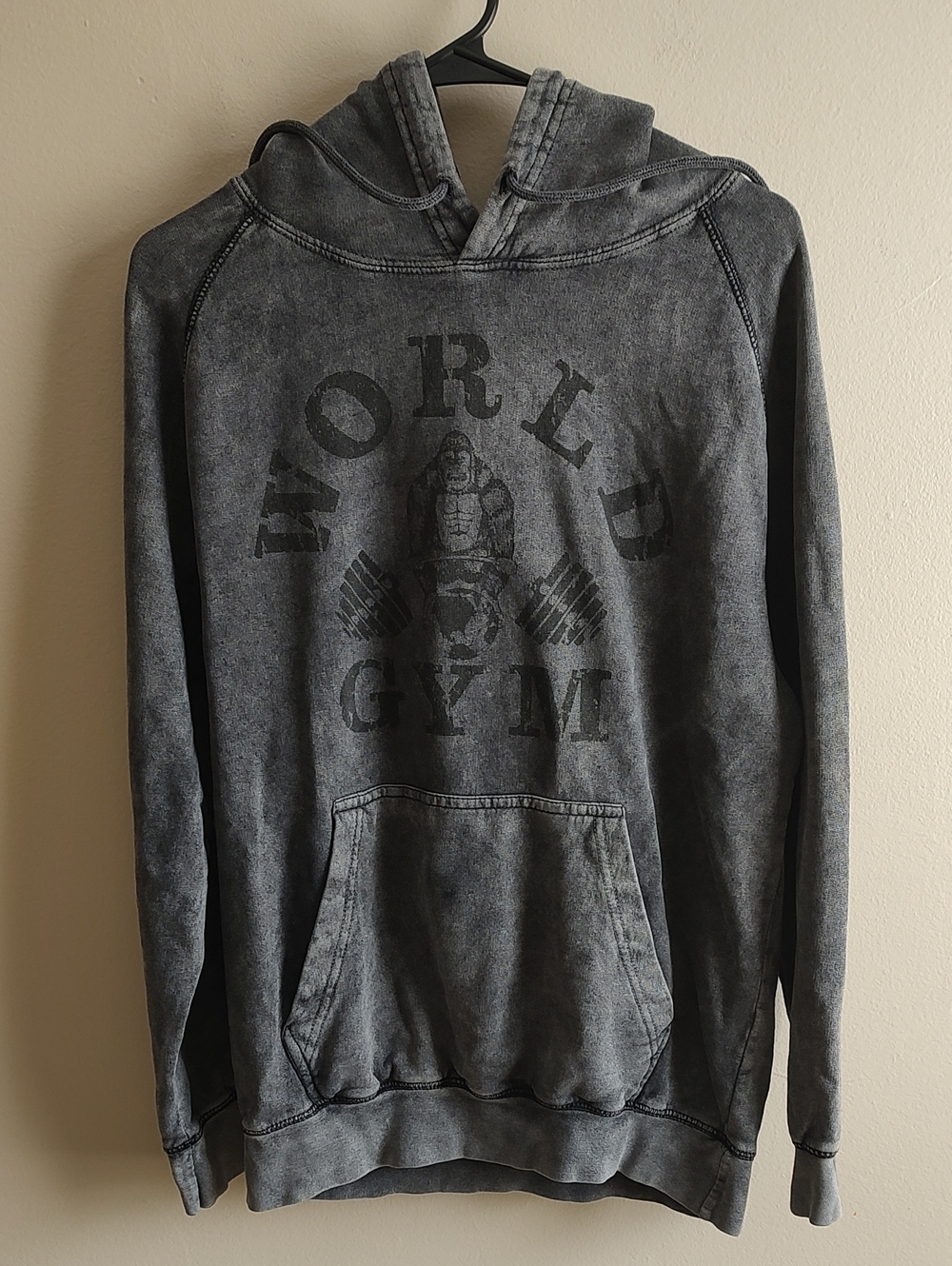 WORLD GYM Pullover Sweatshirt Washed Gray Hoodie Men's Size Medium VG Condition